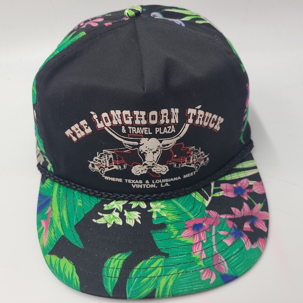 Vintage Floral Hat Snapback Black Green Rop Longhorn Truck‎ Travel Plaza Vinton